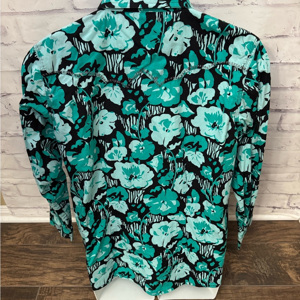 Rock 47 By Wrangler Women’s XXL Teal Black Floral Pearl Snap Top Bling‎ Cowgirl - Picture 4 of 8